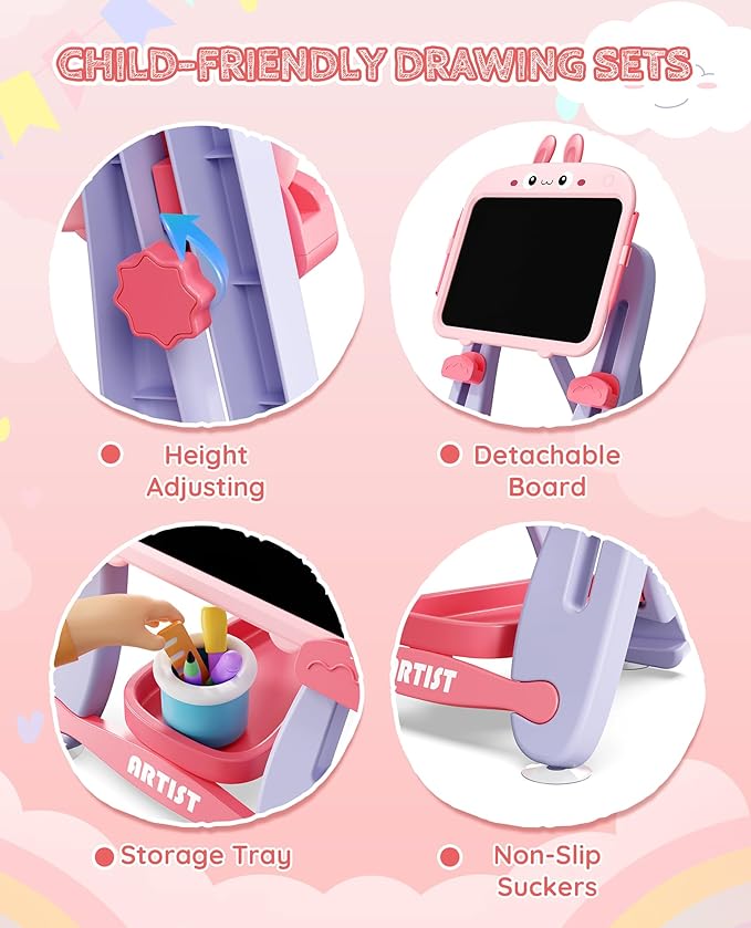 TEKFUN LCD Writing Tablet Doodle Board, 13 Inch Pink Adjustable Standing Art Easel for Toddler, Rabbit Erasable Drawing Board for Kids, Educational Toys Birthday Gift for 1-6 Year Old Girls