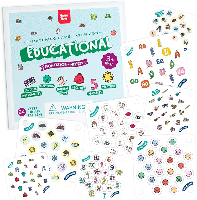 Nene Toys Educational Memory Extension Cards - 24 Extra Themed Patterns – Additional Matching Cards with Numbers, Letters, Animals, Body Parts Exclusive Size