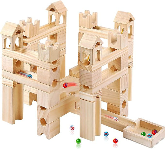 Wooden Marble Run for Kids Ages 4-8 – 80 Pieces Marble Rush Track Maze Construction Toy, STEM Building Blocks, Educational Gift for Boys & Girls
