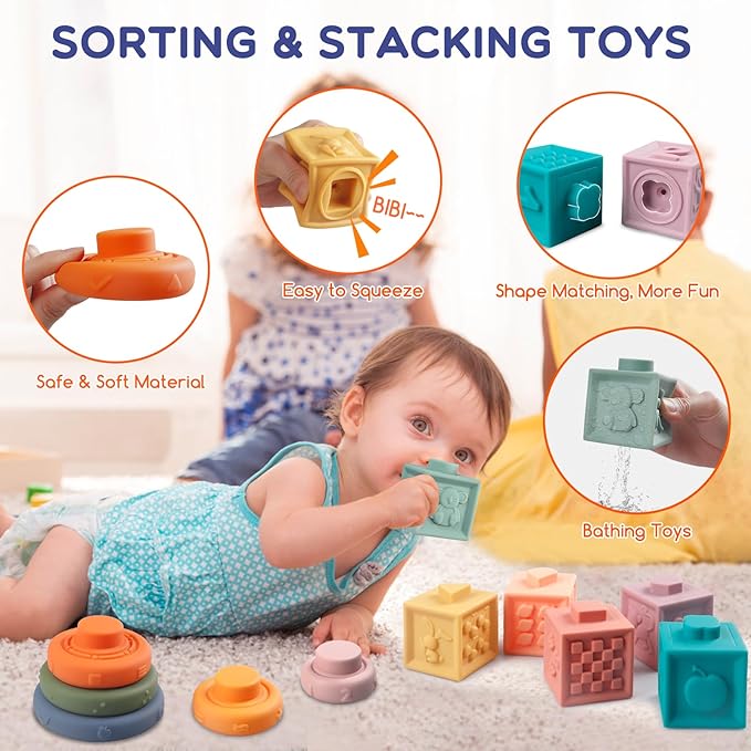 Montessori Baby Toys for 1+ Year Old - Sorting Stacking Learning Toys 6 to 12 Months, Wooden Building Blocks, Xylophone Musical, Infant Teethers Toys for Babies, 6 in 1 Toy Gifts for Toddlers