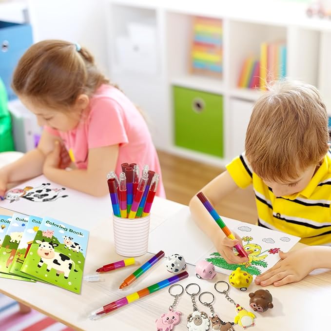 Farm Animals Party Favors,Farm Animal Coloring Books and Eight Color Crayons,Keychains Pull Back Cars Slap Bracelets Stickers For Kids