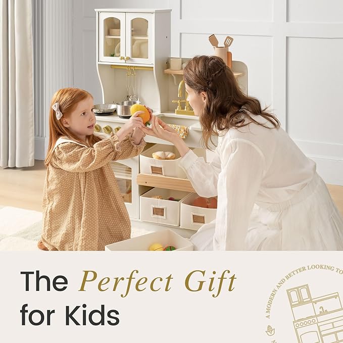 Tiny Land Play Kitchen for Kids, Wooden Play Kitchen with Toy Storage System, Toy Kitchen Set with Plenty of Play Features, Kids Play Kitchen Designed, Gift for Ages 3+