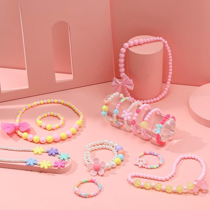 18 Pieces Girl Beaded Necklace Bracelet Colorful Kids Play Jewelry Princess Costume Jewelry Gift Party Favors Dress Up Jewelry for Little Girl Toddler