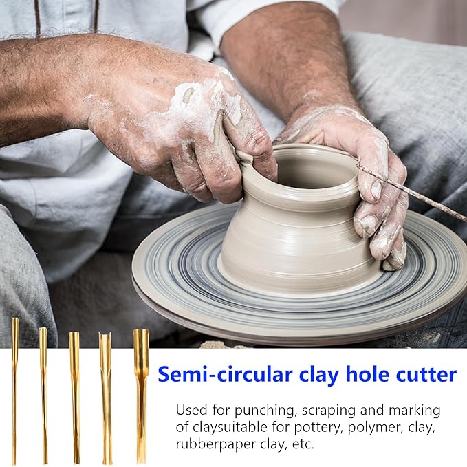 STPCTOU Brass Clay Hole Cutter Pottery Ceramic Punching Tools Slotting Sculpting Set Pottery Carving Tools Clay Modeling Tools Punching Tools Kids Pottery Clay Molding DIY Carving Crafts (5 Pcs)