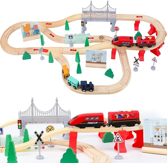 Wdmiya Wooden Train Set for Toddlers, 72 Pcs Wooden Train Track for Kids, Train Toy with Bridge and Tracks (Fits Thomas & Brio), Christmas Birthday Trains Gift for 2 3 4 5 6 7 8 Years Old