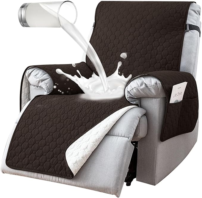 100% Waterproof Recliner Chair Covers That Stay in Place, Non-Slip Recliner Cover with 5 Pockets, Elastic Straps, Washable Reclining Chair Protector for Kids, Pets, Dogs, Chocolate