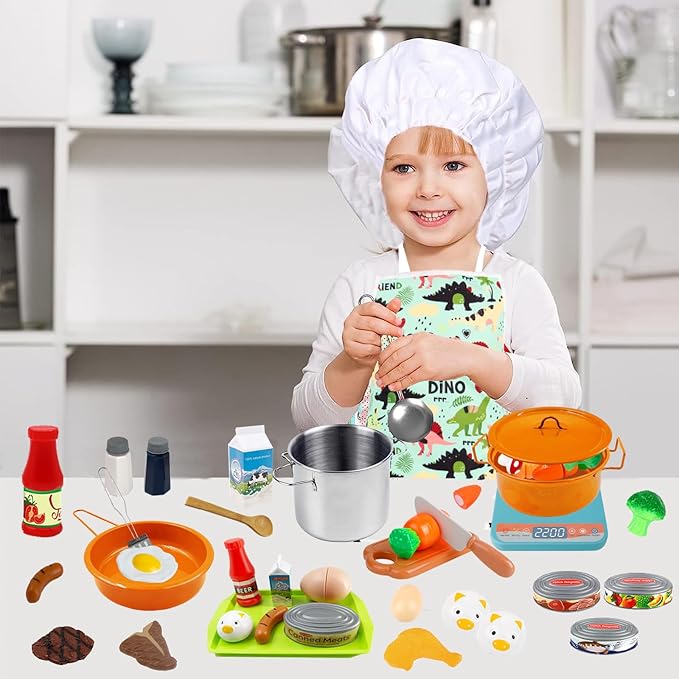 Play Kitchen Accessories Toy for Kids, Kids Kitchen Playset with Stainless Steel Play Pots and Pans, Kitchen Set for Kids, Birthday Gifts Toys for Girls Boys Ages 4 5 6 7 8