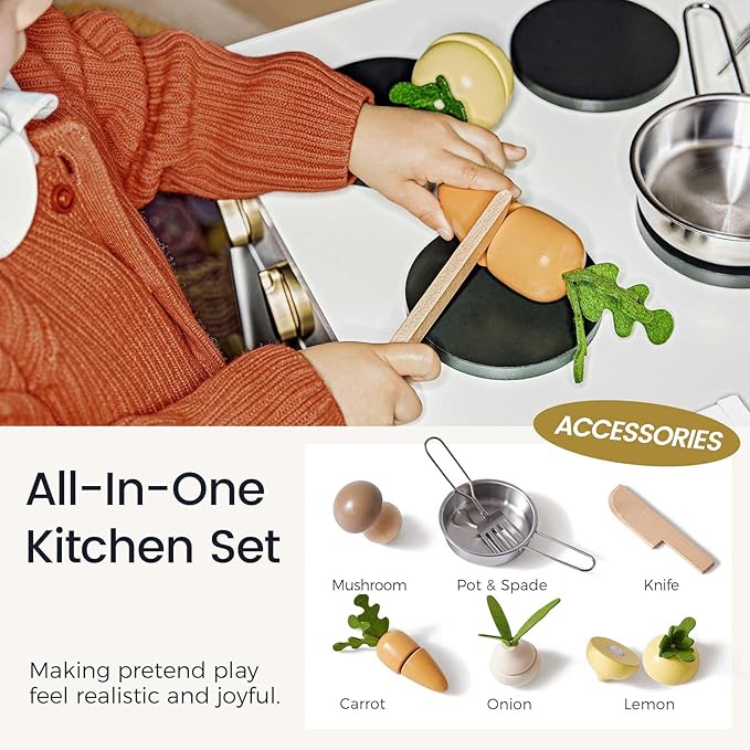 Tiny Land Play Kitchen, Kids Kitchen Playset, Toddler Kitchen with Cutting Food Set, Wooden Kitchen Sets for Kids, Best Gift for Girls and Boys