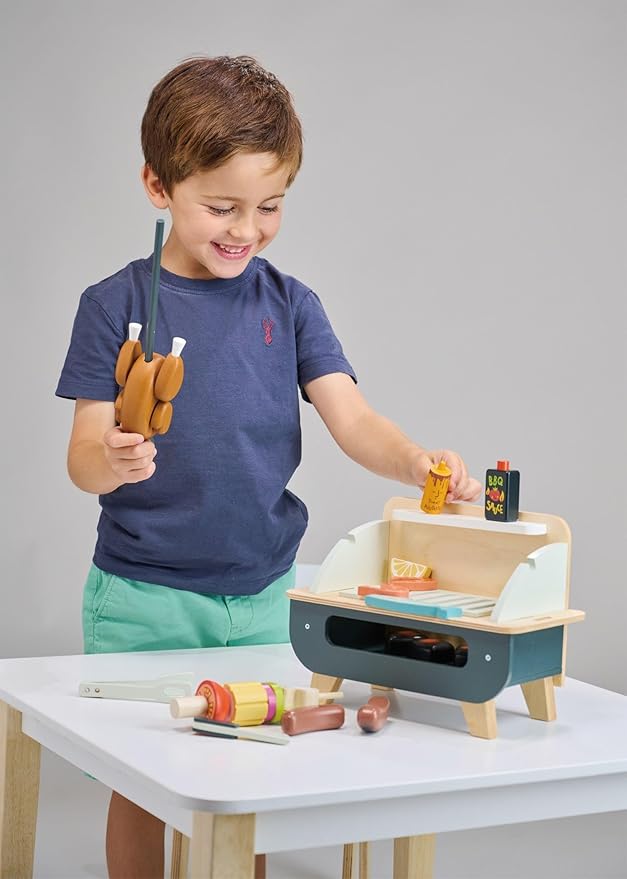Tender Leaf Toys - Barbeque Play Set - 27 Piece Wooden Interactive Barbeque Grill Set with Pretend Play Food and Utensils for Boys and Girls - Great Role-Play Toy - Boost Fine Motor Skills - Age 3+