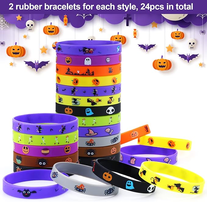 xutengy 48Pcs Halloween Party Favors Decorations Slap Bracelets Rubber Wristbands, Trick or Treat Party Favors, Classroom Prizes, Halloween Party Gift Treat Bag Filler Supply