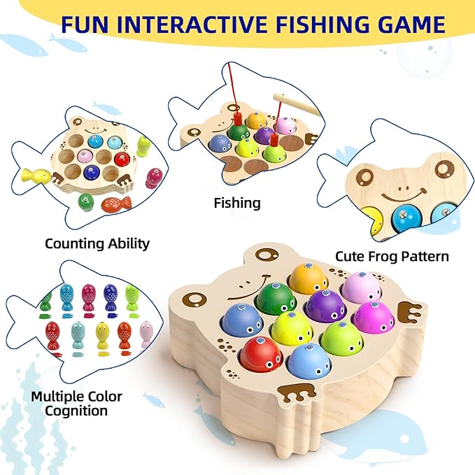 Wooden Magnetic Fishing Game for Toddlers 1-3, Frog Fishing Color Sorting Montessori Sensory Preschool Educational Learning Fine Motor Skills Toys for 3 4 5 Years Old Boys Girls