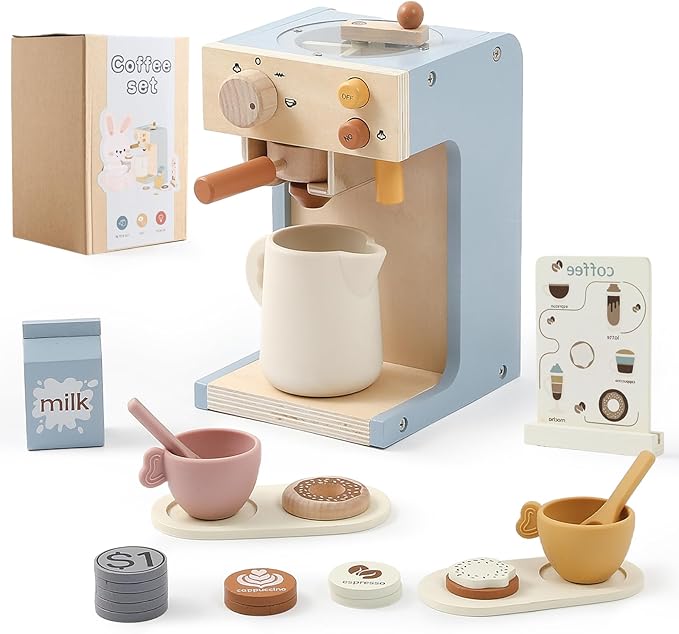 EERKEOD Toy Coffee Maker for Kids Wooden Kids Coffee Maker Playset for Toddlers Play Kitchen Accessories Gift for Girls and Boys