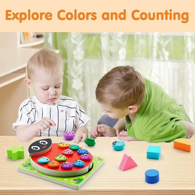 Wooden Ladybug Montessori Toys for 1 2 3 4 Year Old Boy Girl Christmas One 1st Birthday Gift Magnetic Fishing Game for Toddler 1-3 2-4 Educational Learning Number Counting Shape Sorter Sorting