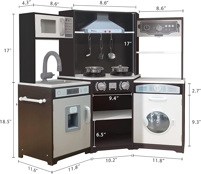 TaoHFE Corner Play Kitchen with Lights & Sounds Brown Kitchen Kids Toddler Kitchen Set with Washer, Chalkboard Wooden Kitchen Kids Playset with Washing Machine Range Hood Boys Gift for Ages 3+
