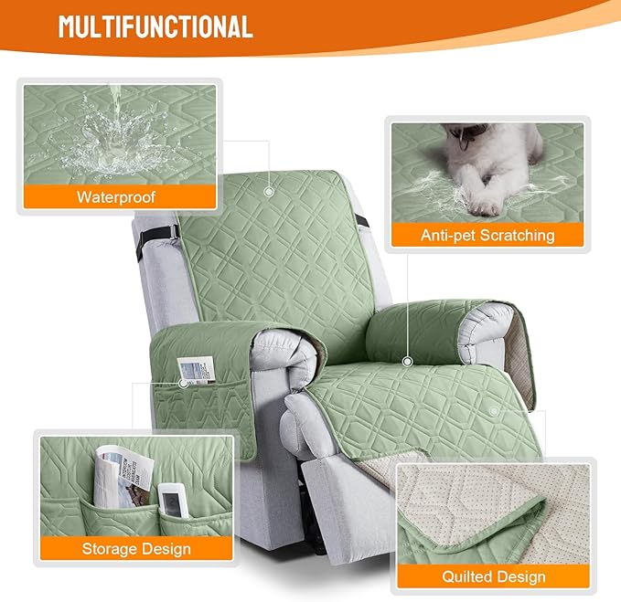 VANSOFY 100% Waterproof Recliner Chair Covers, Recliner Cover Non-Slip Dog Chair Cover Furniture Protector Washable Slipcover with Pocket, Elastic Straps for Pets, Dogs(Light Green, 30")
