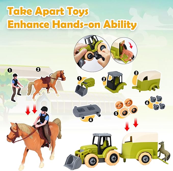 Sensory Bin - Horse Stable Playset Play Sand for Kids,Sandbox with Cover, 1.7 LB Magnetic Sand,Tractor and Stable, Rider and Horse,Rock Painting Kit,Sensory Toys for Autism 3 4 5 6 7 8 Year and Up