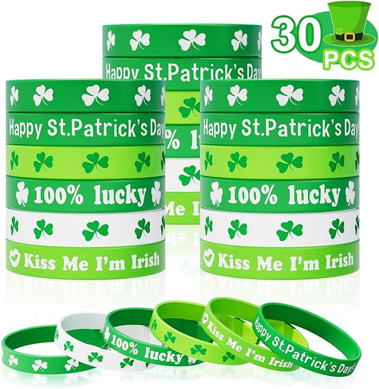 St Patricks Day Bracelets for Kids 30PCS Shamrock Rubber Bracelets Bulk St. Patrick's Day Party Favors Goodie Bag Stuffers Supplies Green Irish Wristbands St Patricks Day Accessories Treats Gifts