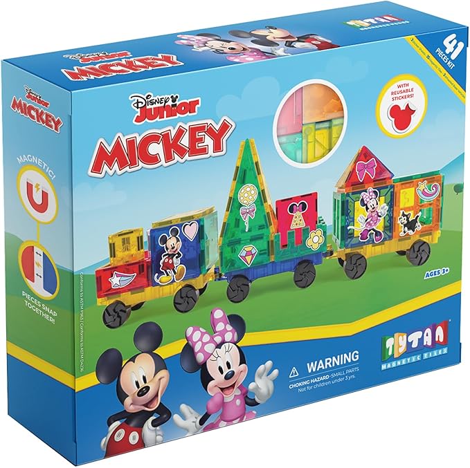 Official Disney Junior Mickey Train Magnetic Tile Set – 41-Piece STEM Building Kit with Wheeled Base Cars, Reusable Stickers & Learning Workbook – Educational Toy for Kids Ages 3+