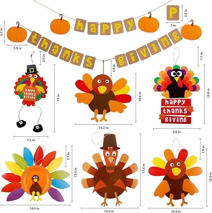 YOMIQIU Thanksgiving Turkey Crafts Kits, DIY Festive Fall Thanksgiving Party Hanging Sign Decor(6 Sets), Thanksgiving Crafts for Kids and Adults at Home Party Decoration School Activities