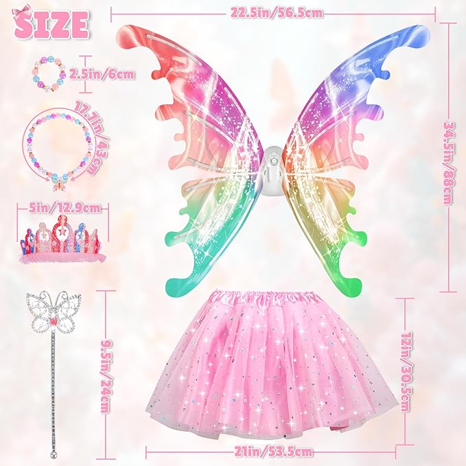 Princess Dress up Costume with Electric Fairy Wings for Girls 3-8, Light Up Moving Butterfly Wings with LED Lights&Music, Christmas Birthday Gift Princess Dresses with Crown/Wand/Bracelets/Necklaces