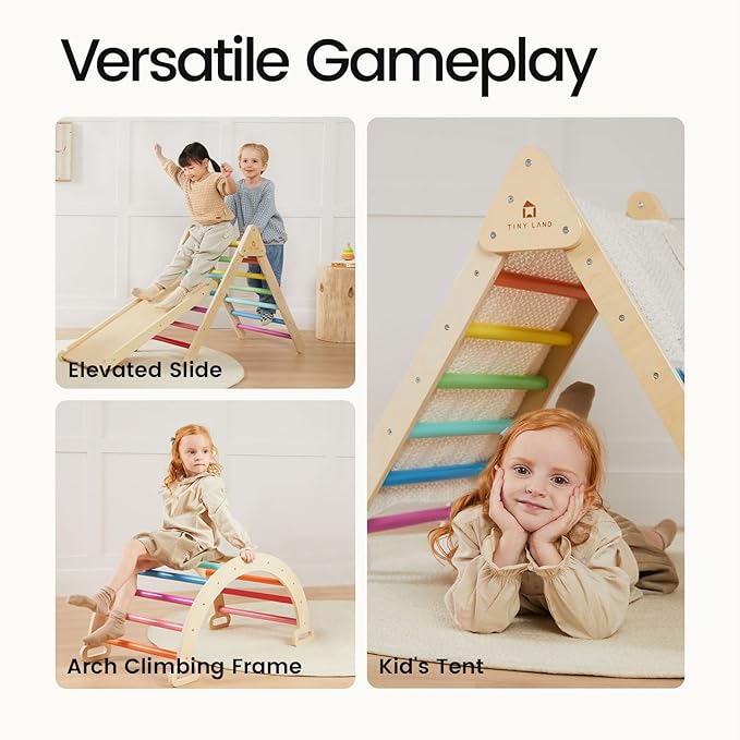 Tiny Land Pikler Triangle Set, 7-in-1 Foldable Pikler Triangle Climbing Toys Set for Kids,Baby Indoor Playground Jungle Gym, Wooden Montessori Climbing Set for Toddler (Rainbow)