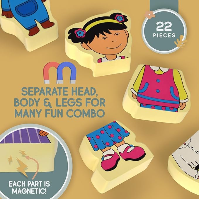 VEBO 22pc Wooden Magnetic Figures Set of 8 (16 Double Sided Characters) Mix & Match Family Set - Compatible with All Magnetic Tiles Sets - Educational STEM Building Toy Pretend Playset for Ages 3+