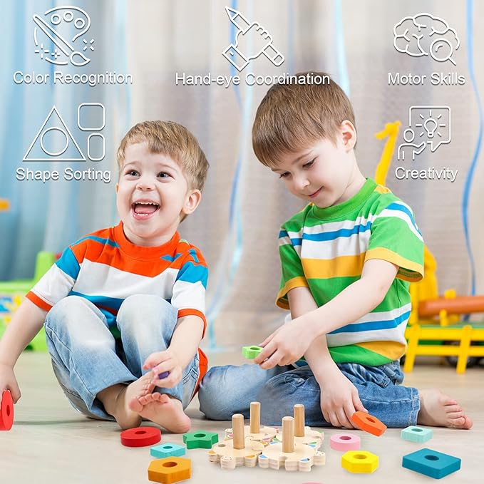 WOOD CITY Stacking Toys for Toddlers 1-3, Montessori Shape Sorter Baby Toys 12-18 Months, Wooden Block Educational Puzzle Toys for Boys Girls 1 2 3 4 Year Old Preschool Learning Gifts