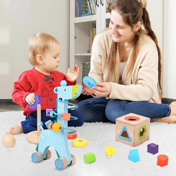 4-in-1 Wooden Montessori Toys for 1+ Year Old - Educational Sensory Toys for Toddlers Aged 1-3 - Baby Learning Toys for Boys and Girls, Christmas Birthday Gifts