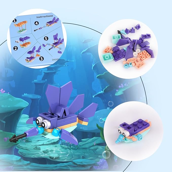 12 In 1 Pre Filled Sea Creatures Building Block Set-12 Pcs Mini Building Blocks Toys, STEM Building Blocks Toys, Classroom Prize Toys, Party Favor for Kids,Birthday,Goodie Bags,Carnival Prizes