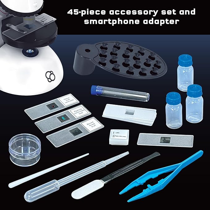 The Thames & Kosmos Microscope Essential STEM Tool with Smartphone Adapter to Capture & View Microscopic Images, Entry-Level Student Science Device, 60x to 600x Magnification & 45 Accessories