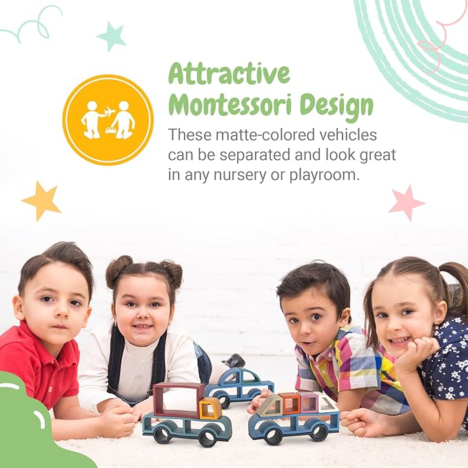 Stick It Montessori Food Grade Silicone Stacking Vehicles, 14 Pcs Toddler Baby Building Blocks Teether Educational Open Ended Shapes STEM Toy, 18+ Months (Set of 3 (Truck, Van, Car))