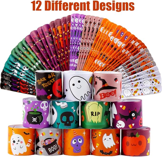 VEYLIN 48 Pieces Halloween Slap Bracelets for Kids, 12 Styles Snap Bracelets Bulk Halloween Giveways for Kids Slap Bracelets Party Favors