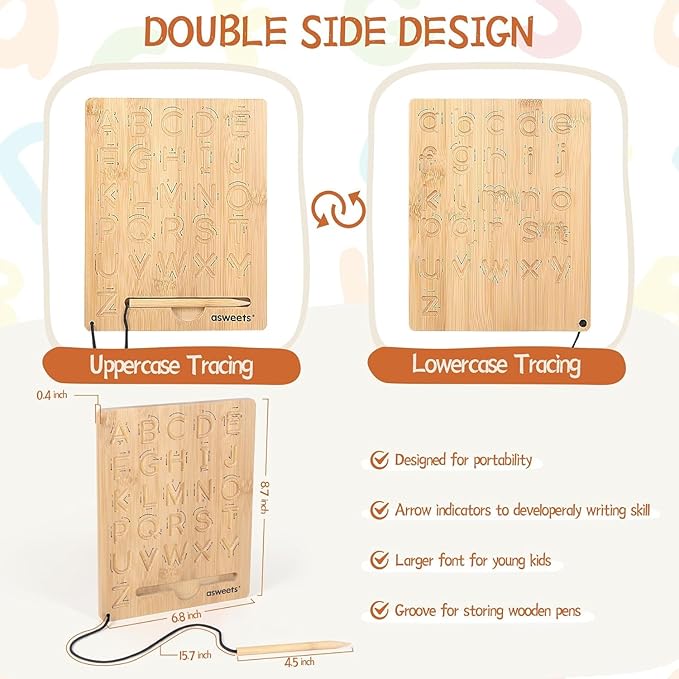 Asweets Montessori Wooden Alphabet Tracing Board, Wood Letter Practicing Board,Double-Sided Boards for Toddlers and Preschool Gifts for Kids(1 Piece)