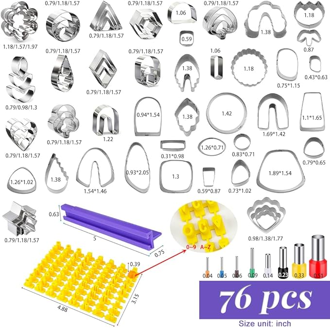 PTFJZ Polymer Clay Cutters for Earring Making 76pcs Clay Tools Set 67 Shapes Stainless Steel Clay Cutters with 8 Circle Shape Cutters 1 Letter Stamp