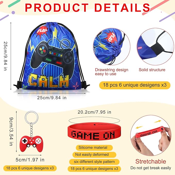 Sadnyy 140 Pcs Video Game Party Favors Birthday Party Decorations Supplies Drawstring Bags with Silicone Bracelets Keychains Straws Button Pins Stickers for Classroom Rewards Goodie Bags Stuffers