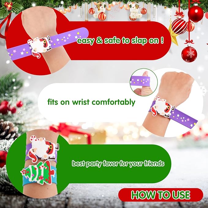 Welkin 6PCS Christmas Slap Bracelets For Kids,Colorful Silicone Bracelet, Soft and Safe Slap Bracelets Party Decorations Favors,Kids Christmas Party Gift