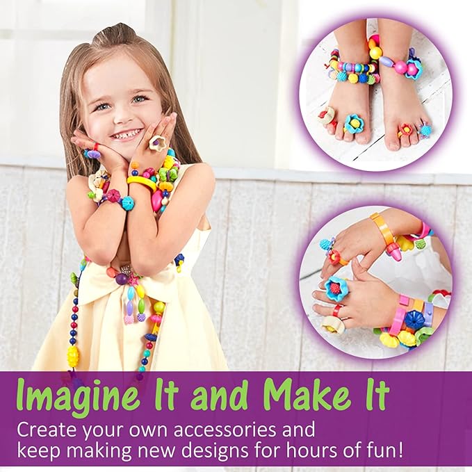 Happytime Snap Pop Beads Girls Toy DIY Jewelry Marking Kit Fashion Fun for Necklace Ring Bracelet Art Kids Crafts Birthday Fun Gifts Toys for 3, 4, 5, 6, 7,8 Year Old Kids Girls