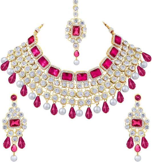 Aheli Kundan and Simulated Colored Stones Indian Ethnic Maang Tikka Necklace and Earrings Set Bollywood Festive Statement Jewelry Gift for Women