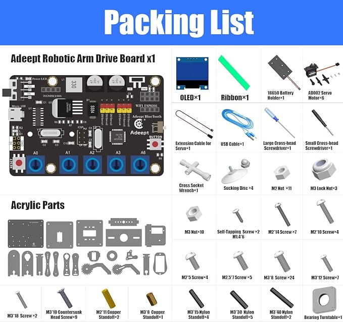 Adeept 5DOF Robotic Arm Kit Compatible with Arduino IDE, Programmable DIY Coding STEM Educational 5 Axis Build Robot Arm, Robot Starter Kit with OLED Display Processing Code and Tutorials - Blue