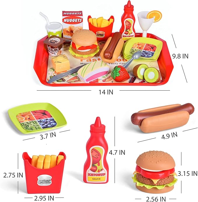 FUN LITTLE TOYS 40PCS Play Food for Kids Kitchen, Play Kitchen Accessories, Toy Foods with Cutting Fruits and Fast Food for Pretend Play, Birthday Gifts