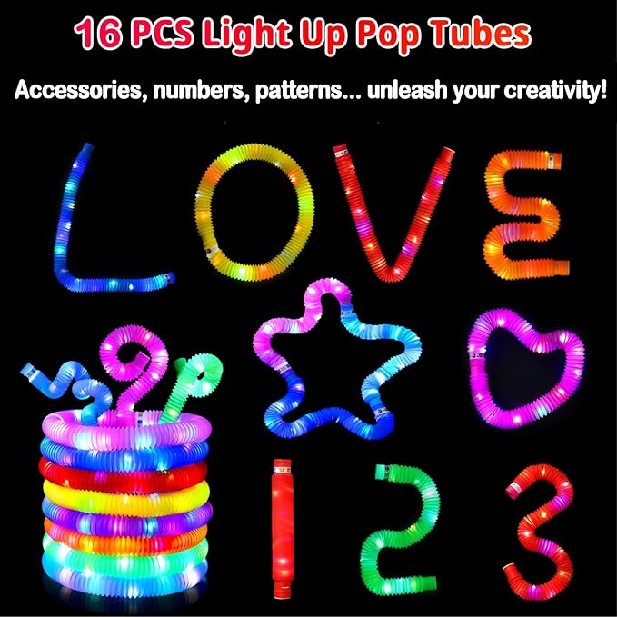 Glow Sticks Stocking Stuffers for Kids - 16Pcs Light Up Pop Tubes Kids Toys For 3+ Years Old Boys Girl Glow in the Dark Party Supplies Christmas Gifts for Kids New Years Eve Party Supplies Party Favor