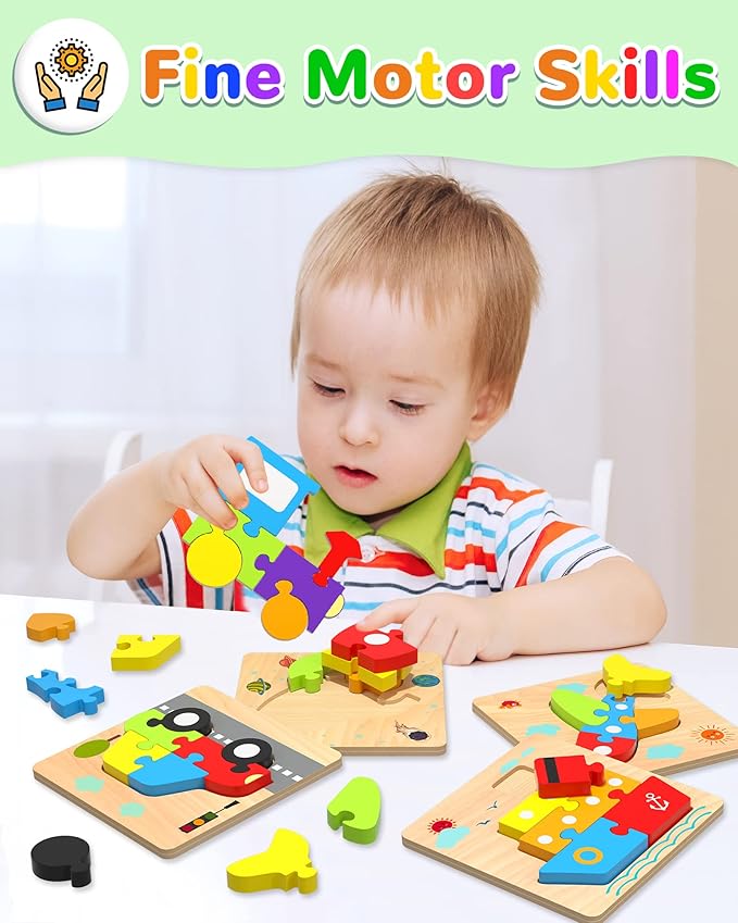 Yetonamr Wooden Toddler Puzzles Gifts Toys for 1 2 3 Years Old Boys Girls, 6 Vehicle Shape Montessori Toys Educational Blocks Easter Basket Stuffers Kids Gift Baby Learning Toy Age 1-3, 2-4