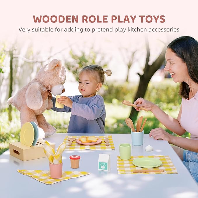Wooden Play Dishes and Plates for Kids Kitchen Set, 25 PCS Wooden Play Kitchen Accessories, Pretend Montessori Kids Pots and Pans Playset for 3+ Toddlers
