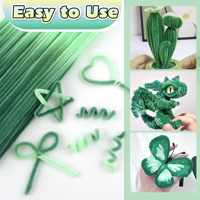 TOAOB 100pcs Pipe Cleaners Gradient Green Chenille Stems for Crafts 12 Inch Fuzzy Sticks Craft Supplies for DIY Art Craft Projects Home Decorations
