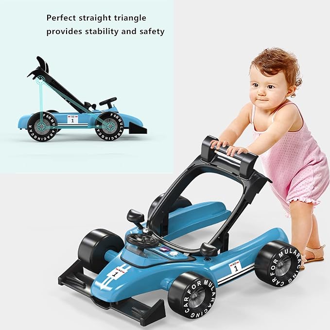 4-in-1 Baby Walker, Foldable Activity Walker with Adjustable Height & Speed, Music, Lights, Steering Wheel, Activity Baby Push Walker for Boys Girls Aged 6–18 Months (Blue)