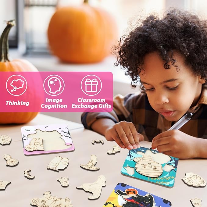 12 Pack Halloween Wooden Puzzles for Toddlers Halloween Puzzles Coloring Craft Kits for Kids Boys Girls Montessori Toys Halloween Party Favors Treat Bag Gifts Educational Learning Jigsaw Puzzle