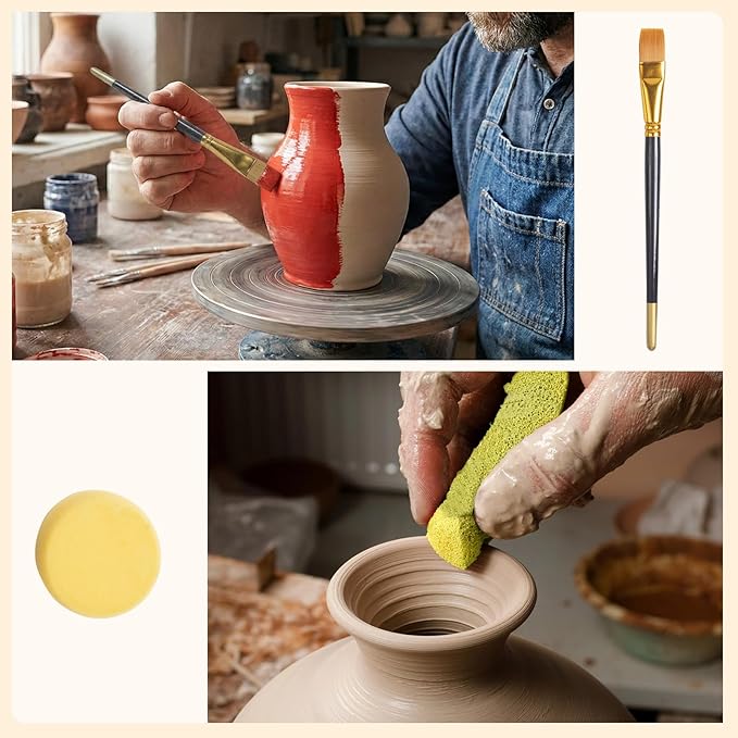 Set of 14 Wool Soft Pottery Glaze Brushes for Ceramic Glazing Acrylic Watercolor Oil Painting, Includes Sponge, Mop, Hake, Sumi, Fan, Fine Brush Bristle for Clay Kiln Blending Supplies