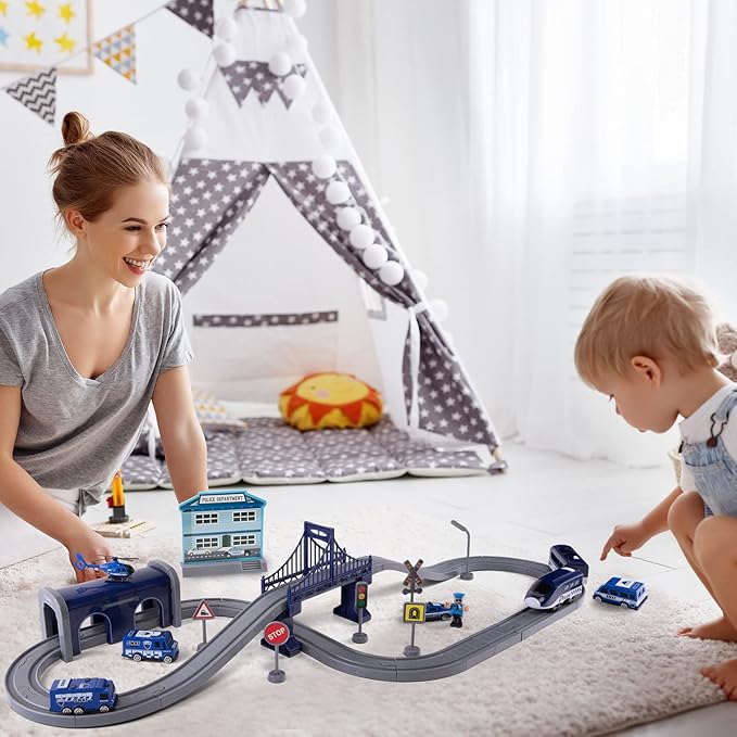 Train Sets for Toddlers, 66 Pcs Trains Toy with Battery Operated & Tracks (Magnetic Connection), Compatible with Thomas, Brio, Christmas Toy Gifts for 3 4 5 6 7 8 Years Old (Police)