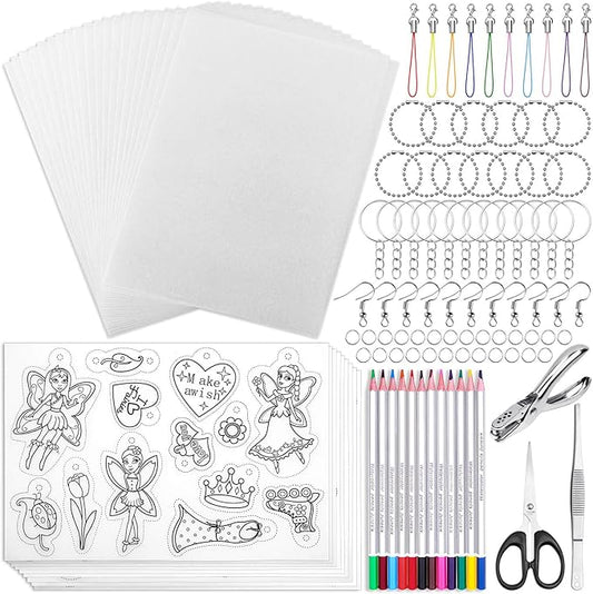 shynek 205 Pieces Shrinky Art Keychain Kit, Include 20 Pcs Shrinky Plastic Sheet and 185 PCS Keychain Accessories for Creative Art Craft