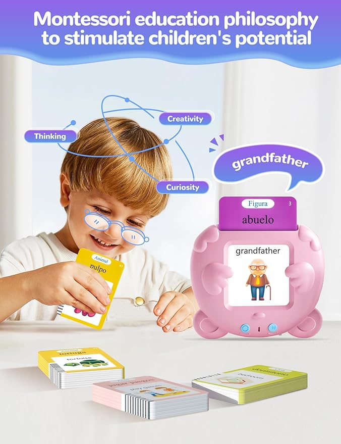 Spanish & English Talking Flash Cards for Toddlers, 510 Sight Words Bilingual Learning Toys for Children, Autism Sensory Speech Therapy Toys, Española Pocket Vocabulary Educational Toys Girls